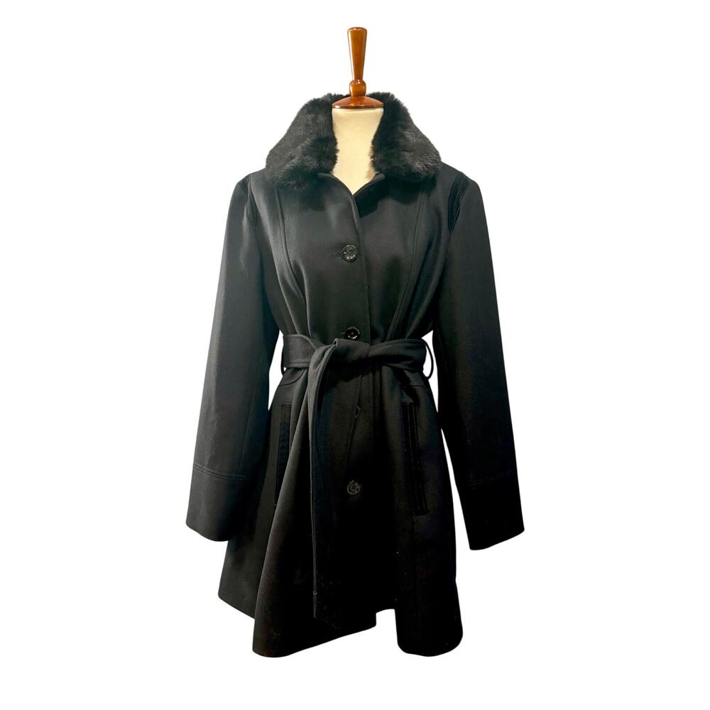 Faux Fur Collar Black Trench Coat Coquette Dark Academia Old Money Wool Blend XL